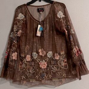 Johnny Was Brown Sheer Floral Embroidered Blouse. NWT